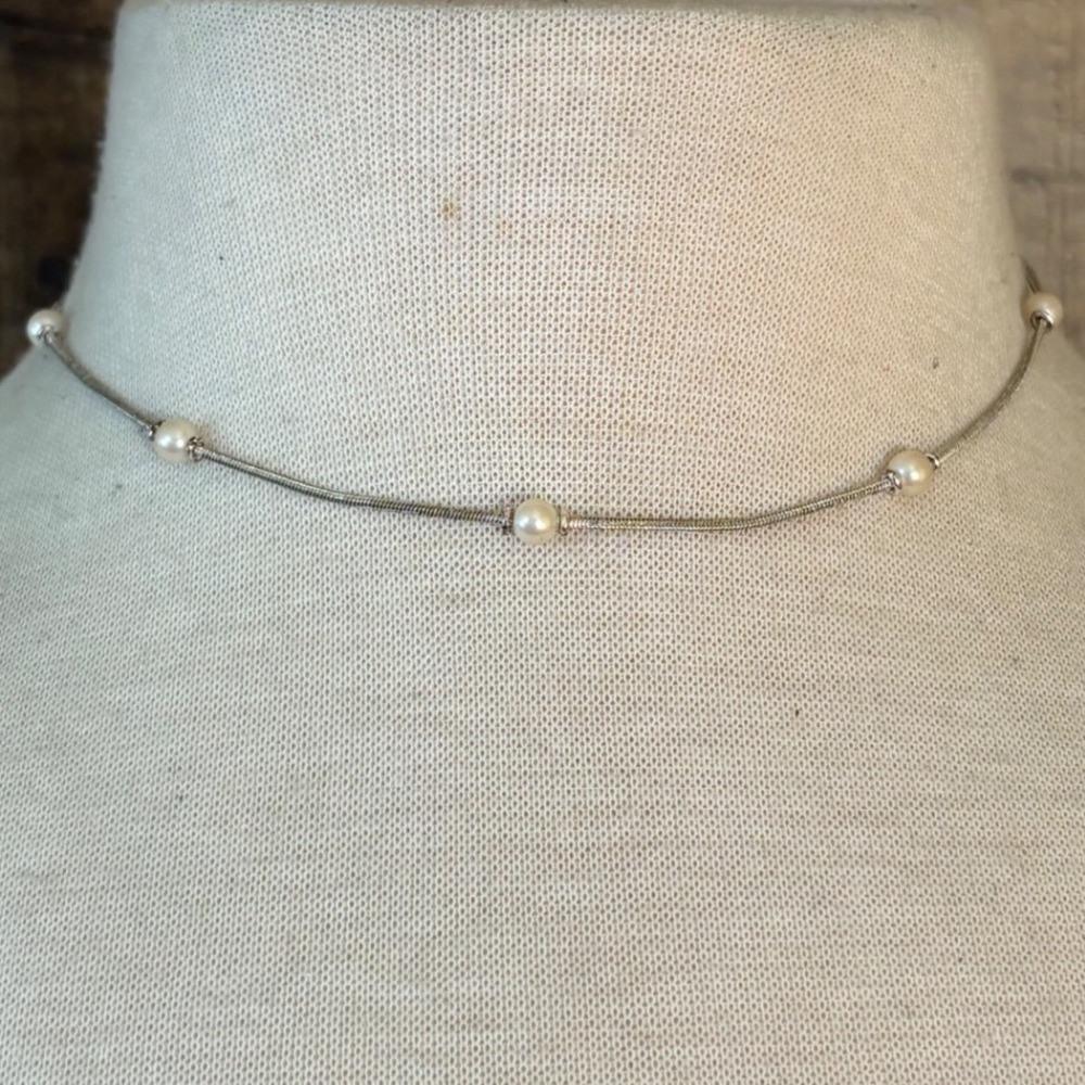 Carolee Silver Tone Faux Pearl Station Snake Chain Choker Necklace 15 Inch